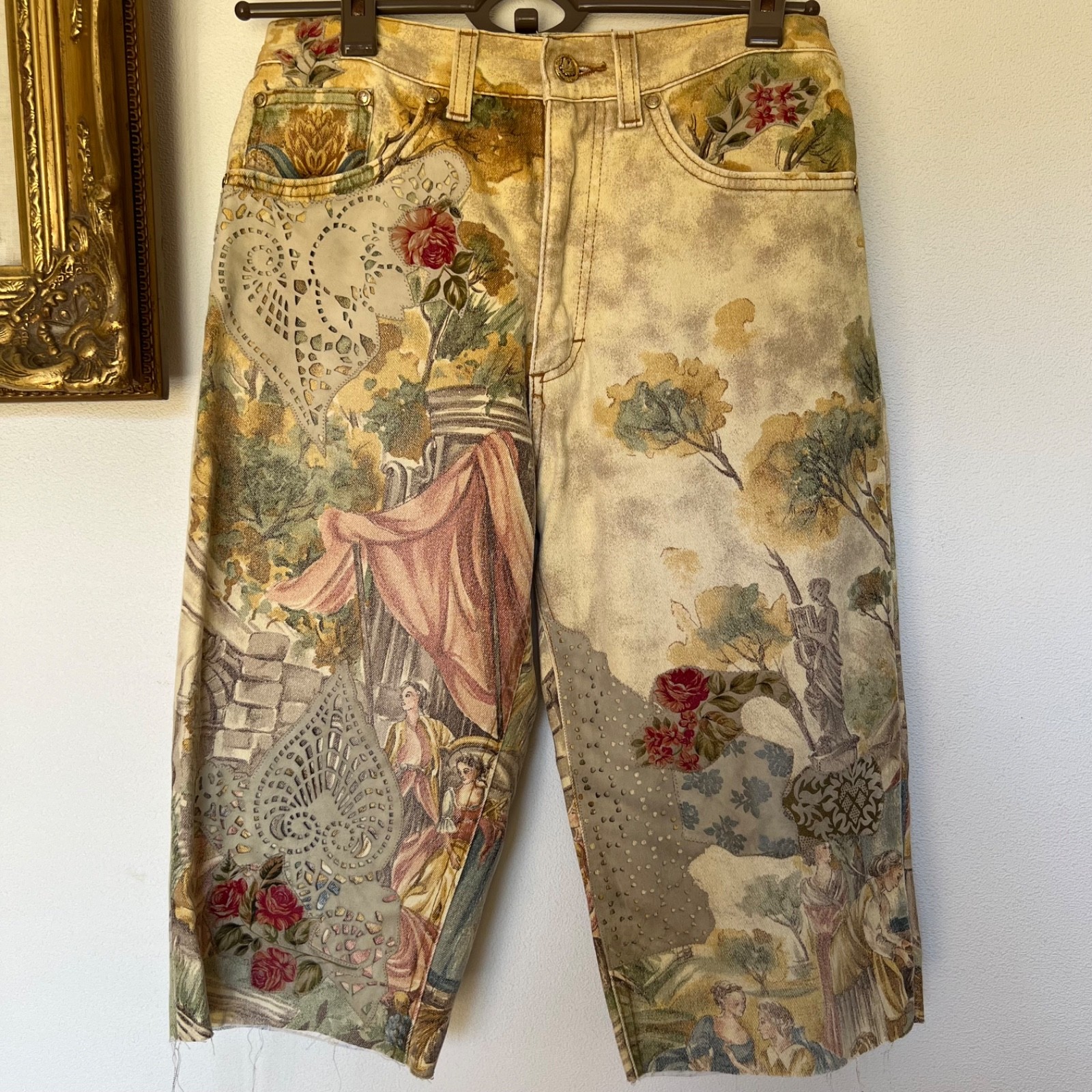 Vintage Roberto Cavalli Renaissance Jeans Leather 90s 2000s Y2K Print art denim