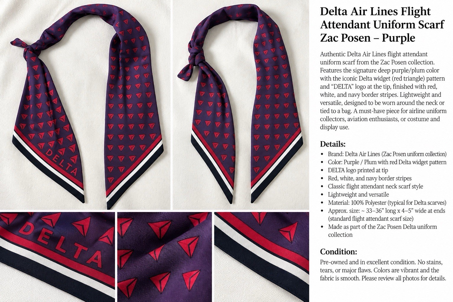 Delta Air Lines Flight Attendant Uniform Scarf Purple Red Logo Neck Tie