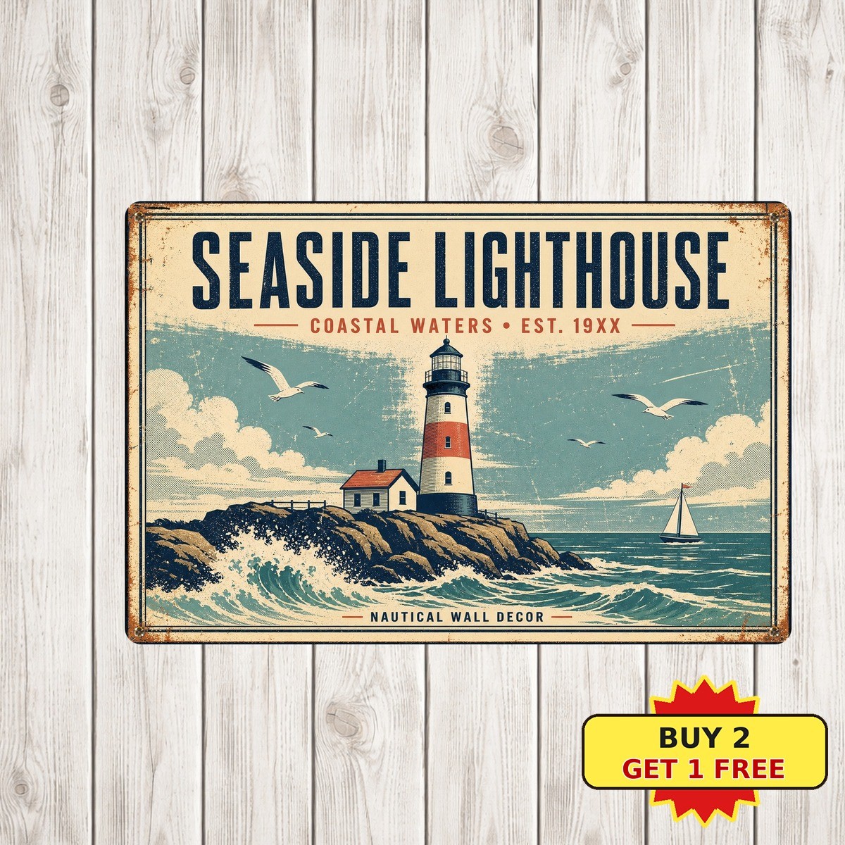 Coastal Lighthouse Landscape Metal Sign Ocean Beach Nautical Decor Tin Plaque