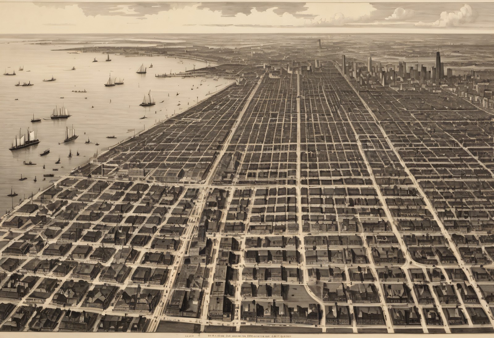 Chicago Bird\'s-Eye Lakefront View - 1890s Engraving - Antique Print