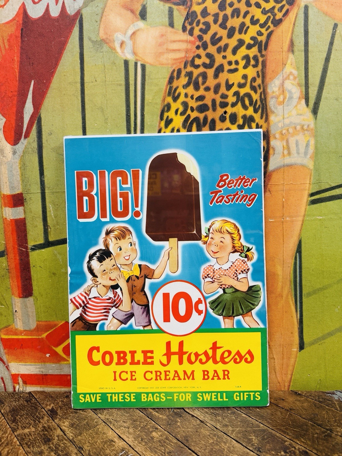 VINTAGE 1951 COBLE HOSTESS ICE CREAM BAR SIGN SODA FOUNTAIN KIDS TREATS GIFTS