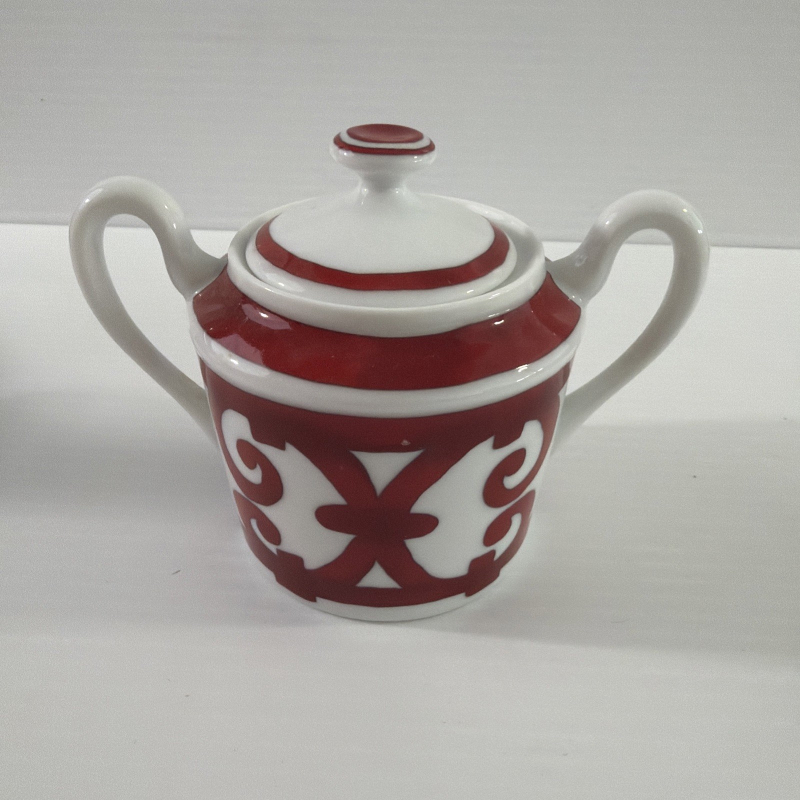 Hermes Balcon du Guadalquivir Sugar Bowl Red White Porcelain Tableware w/Box