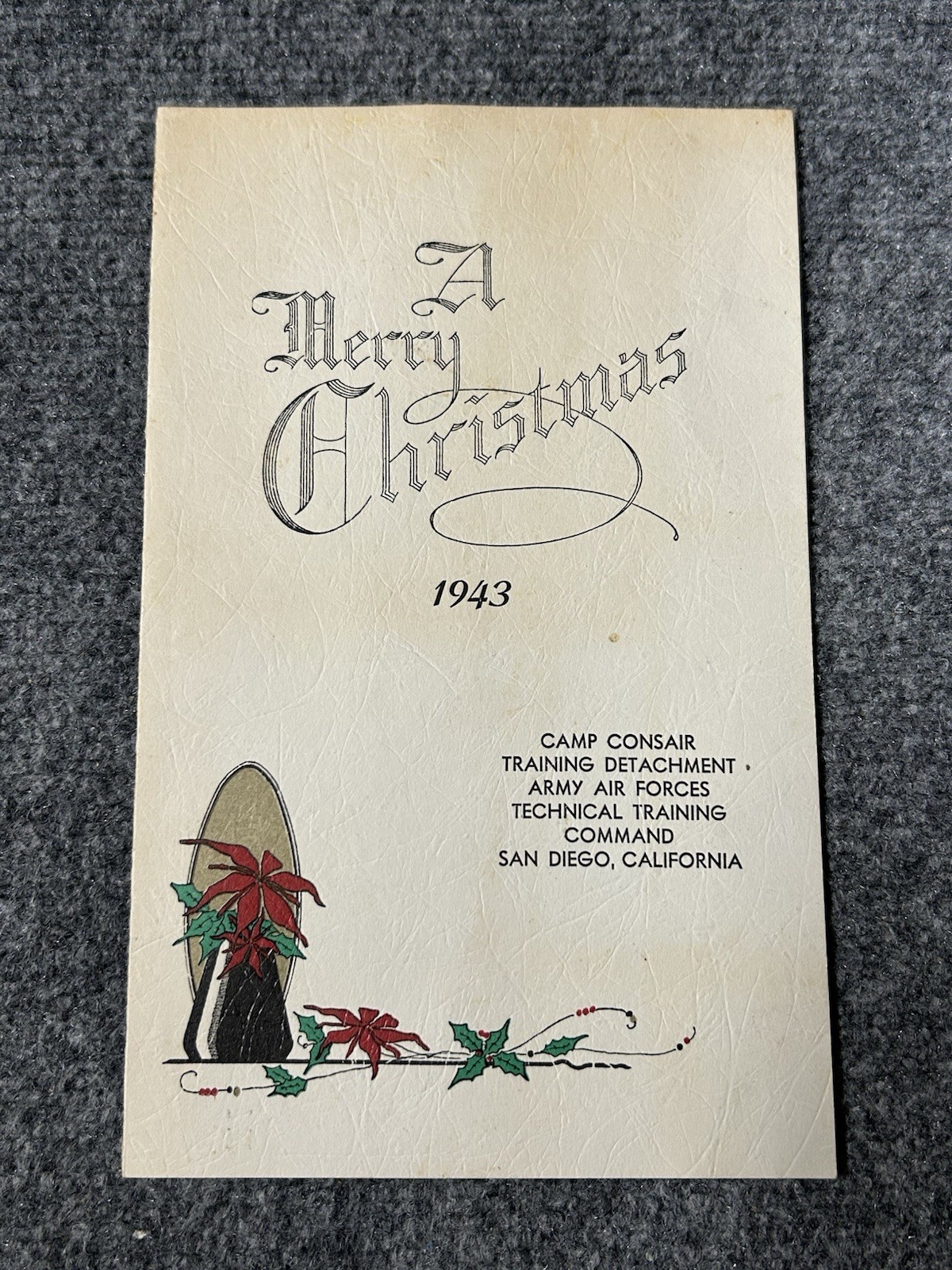 Vintage 1943 A Merry Christmas Camp Corsair Army Air Forces Card San Diego CA