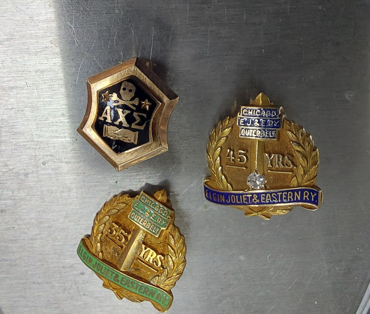 Lot of 3 Solid 10K Service Pins EJE Railroad Alpha Chi Sigma Diamond Ruby 6.4 gr
