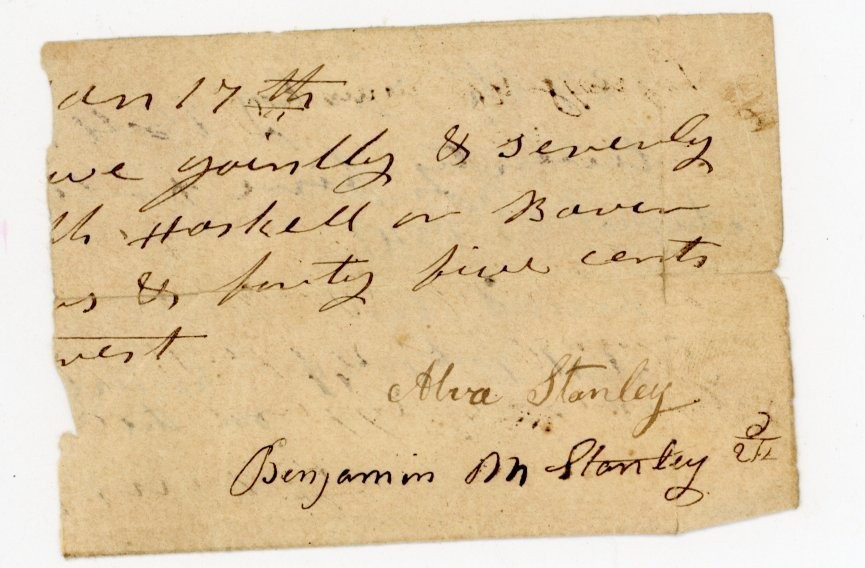 1844 Antique Promissory Note Fragment Stanley Family Haskell Bearer Handwritten