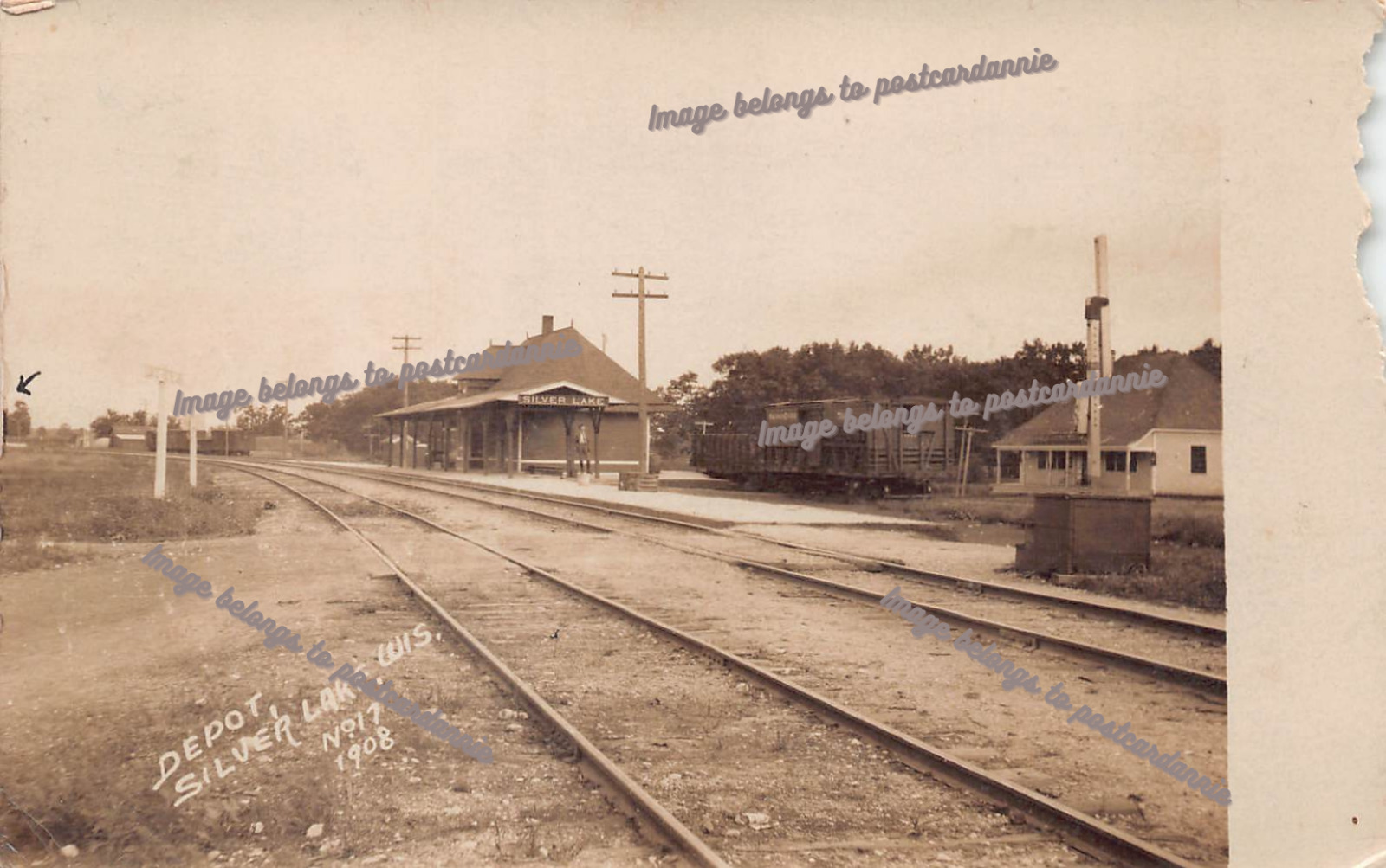 RPPC Silver Lake Wisconsin Railroad Train Depot Station Photo DAMAGE Postcard B6