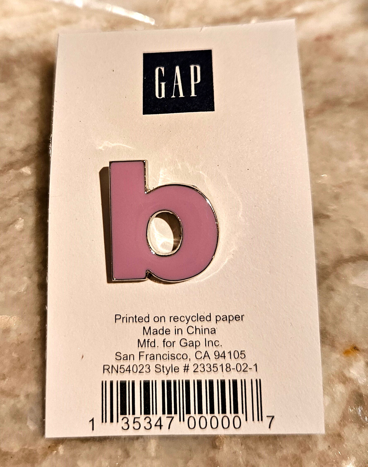 NWT Gap Clothing Co Letter Initial Lapel ENAMEL PIN Lower Case B Lavender