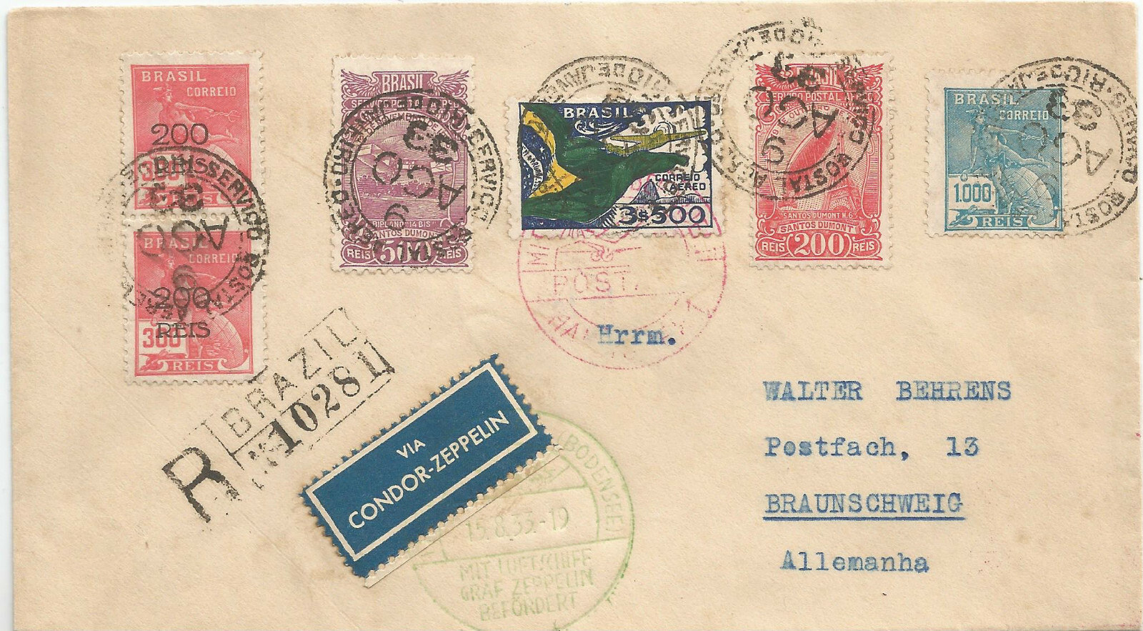 1933 LZ-127 Graf Zeppelin  Reg airmail cover Brazil to Germany 6 Adhesives 