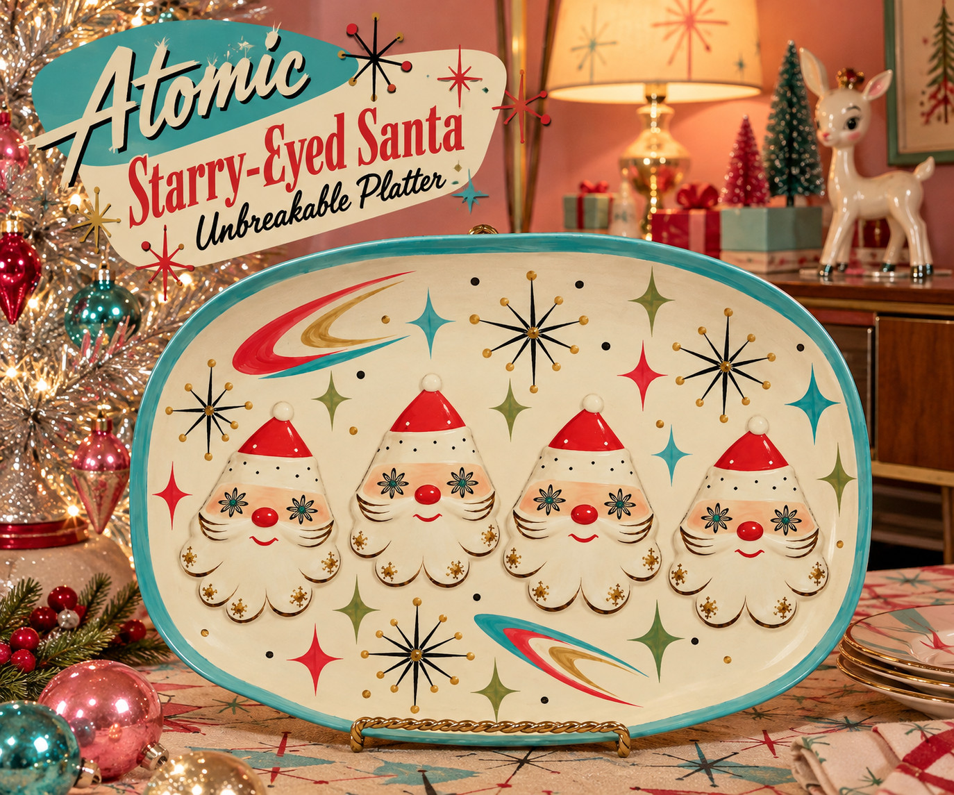 Atomic Starry Eyed SANTA platter Holt Howard Vintage Inspired Christmas 1950s 60