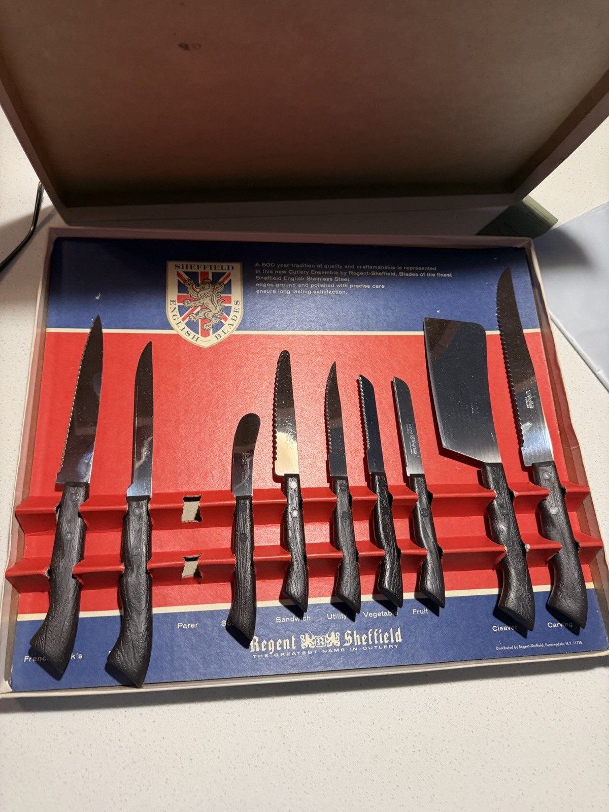 Vintage Regent Sheffield England 9 Pc Stainless Steel Knife Set Original Box