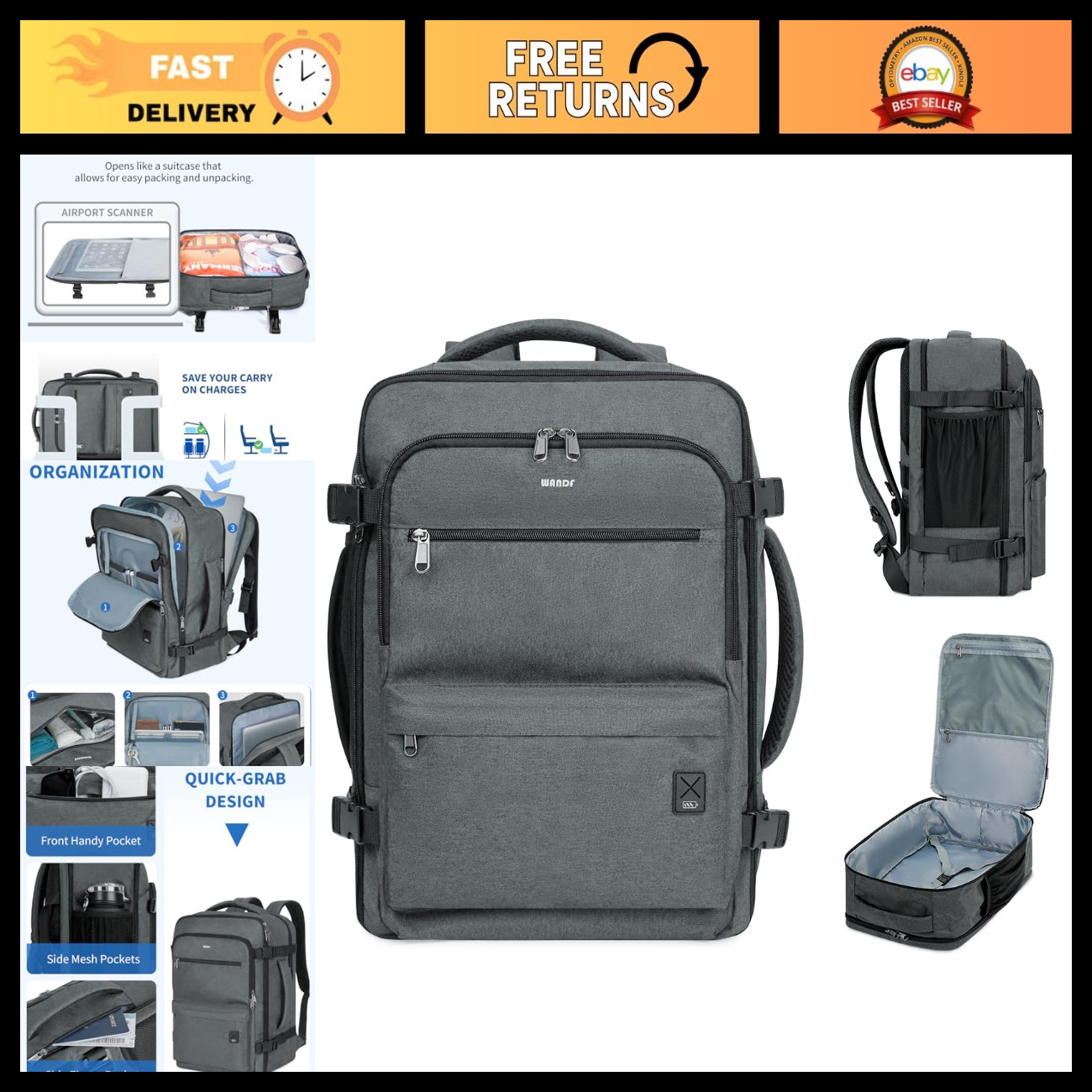 WANDF Personal Item Travel Bag 18x14x8, Carry On Laptop Backpack（Grey）