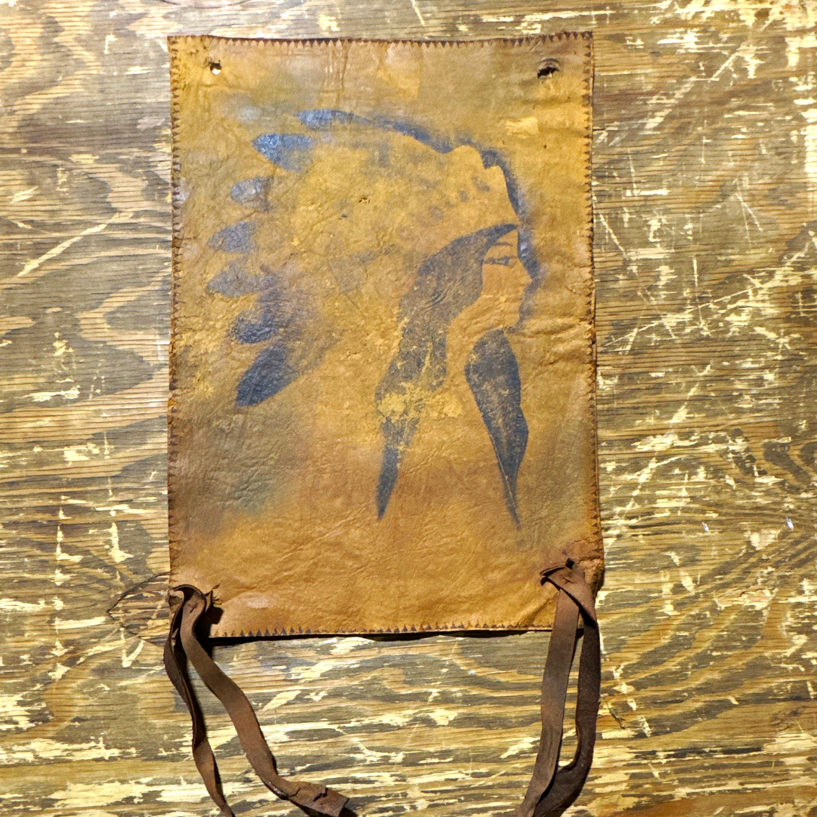 Vintage Native American Indian Chief Portrait Leather Wall Hanging Art