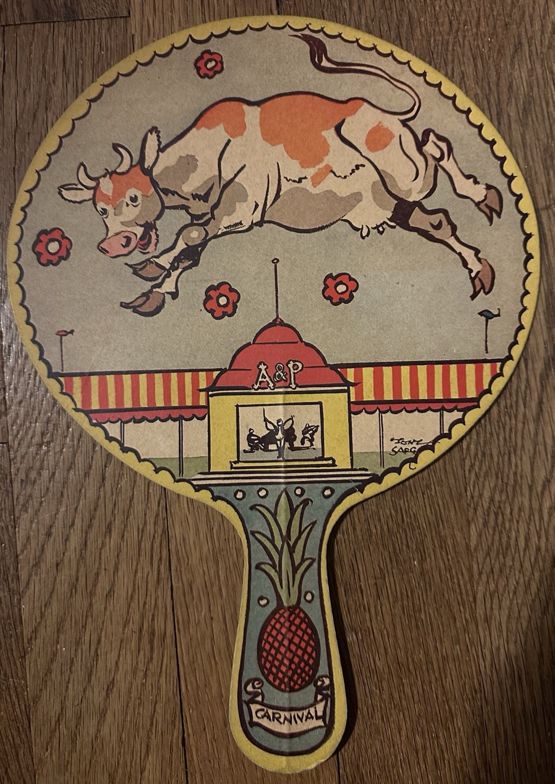 1933 Chicago World’s Fair A&P Carnival Hand Fan Tony Sarg Jumping Cow