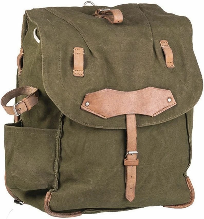 Vintage Romanian Military O.D. rucksack w/leather straps,v.g.,free U.S. shipping