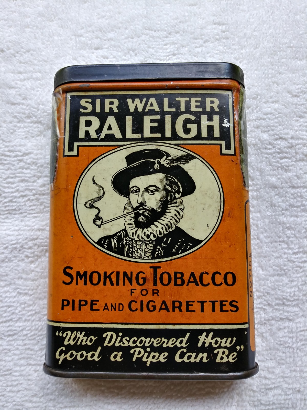 *SIR WALTER RALEIGH VERTICAL TOBACCO TIN.   old (orange version) LOOK