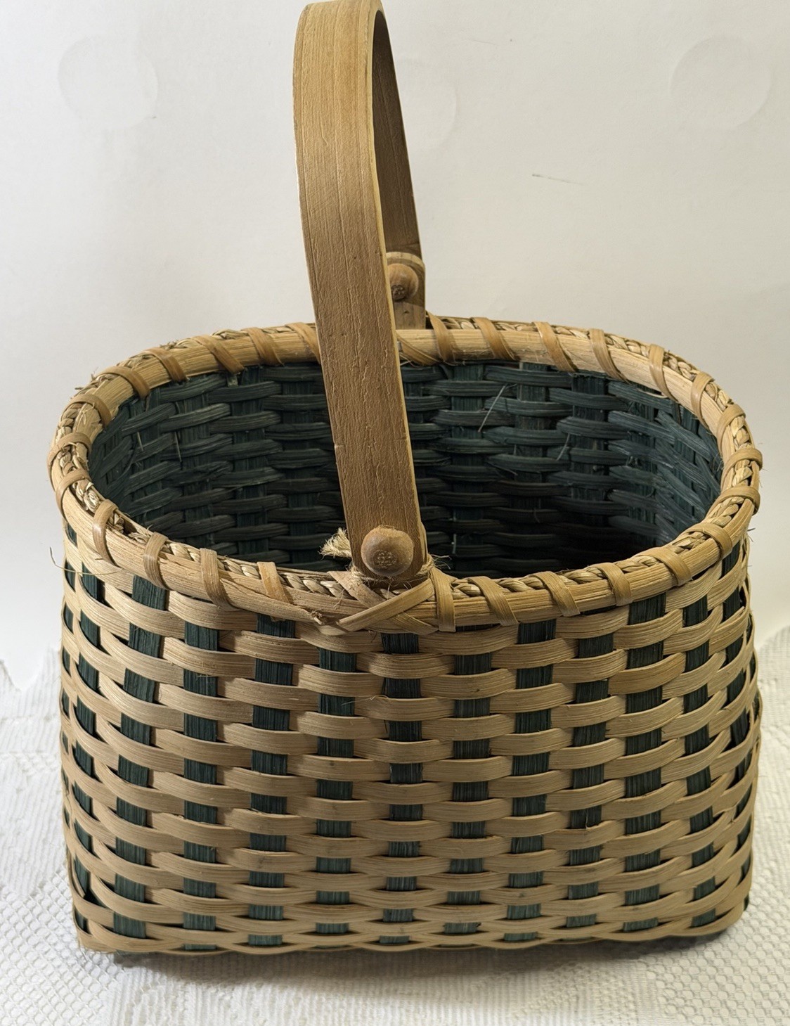Vintage 1998 Karen Traub Originals Handwoven Basket Green Signed Wood Handle