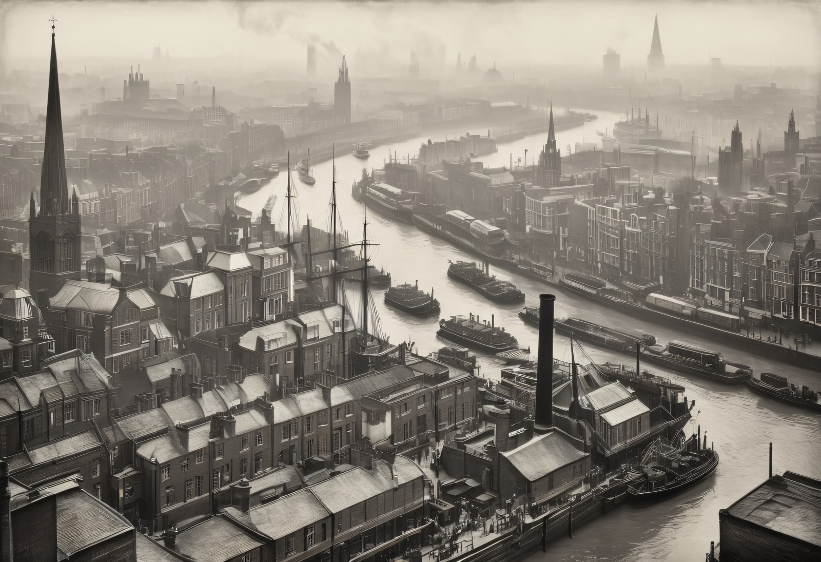 London Thames Bird\'s-Eye View - Victorian Era - Antique Print