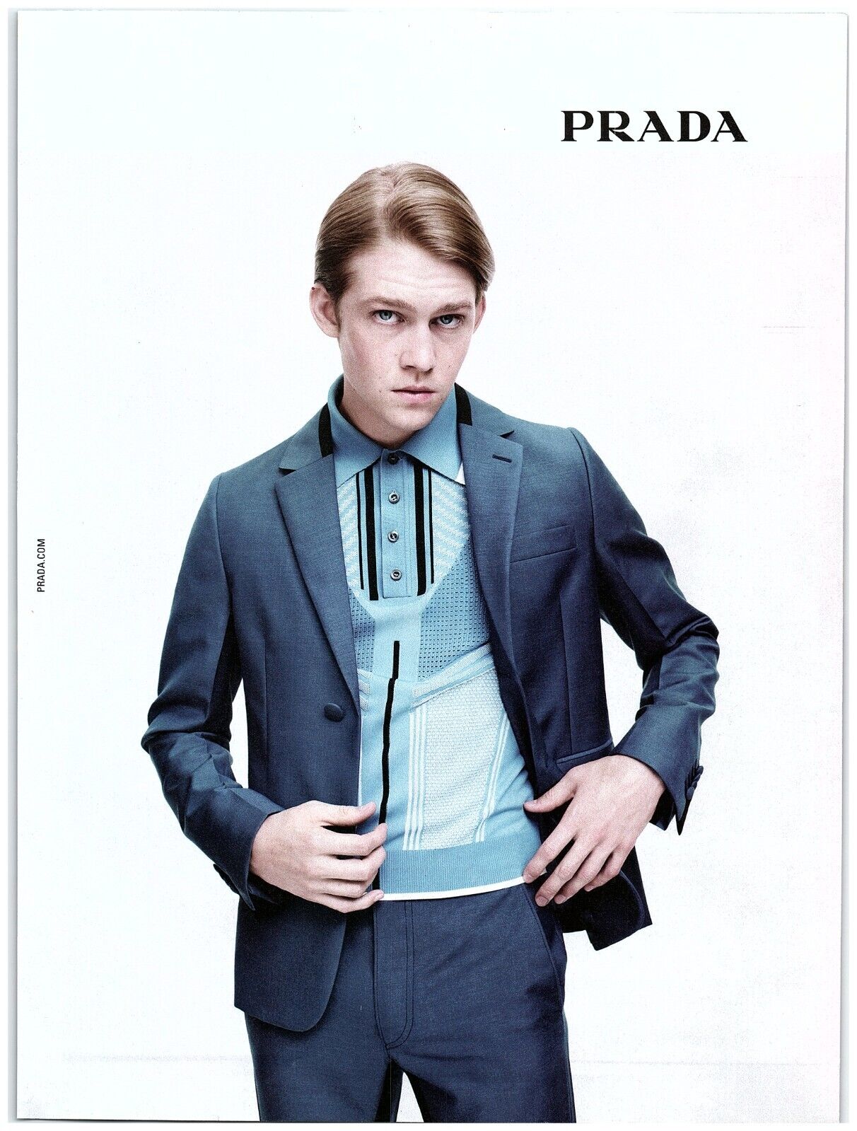 2018 Prada Print Ad, Menswear Suit Polo Blazer Handsome Male Model Man Blue