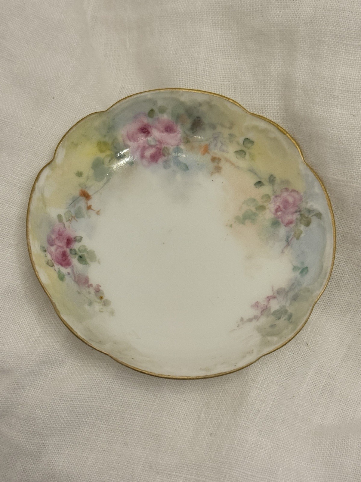 Antique Haviland Limoges France Butter Pat Hand Painted Pink Roses Gold Gilt 3\