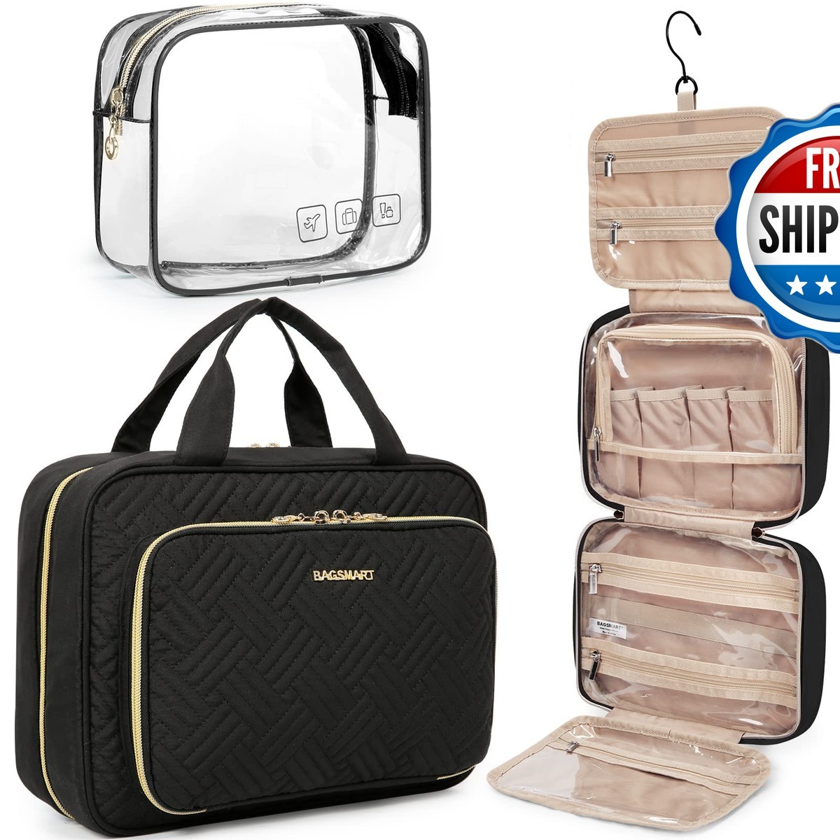 BAGSMART Toiletry Bag Hanging Travel Makeup Organizer TSA Transparent Bag