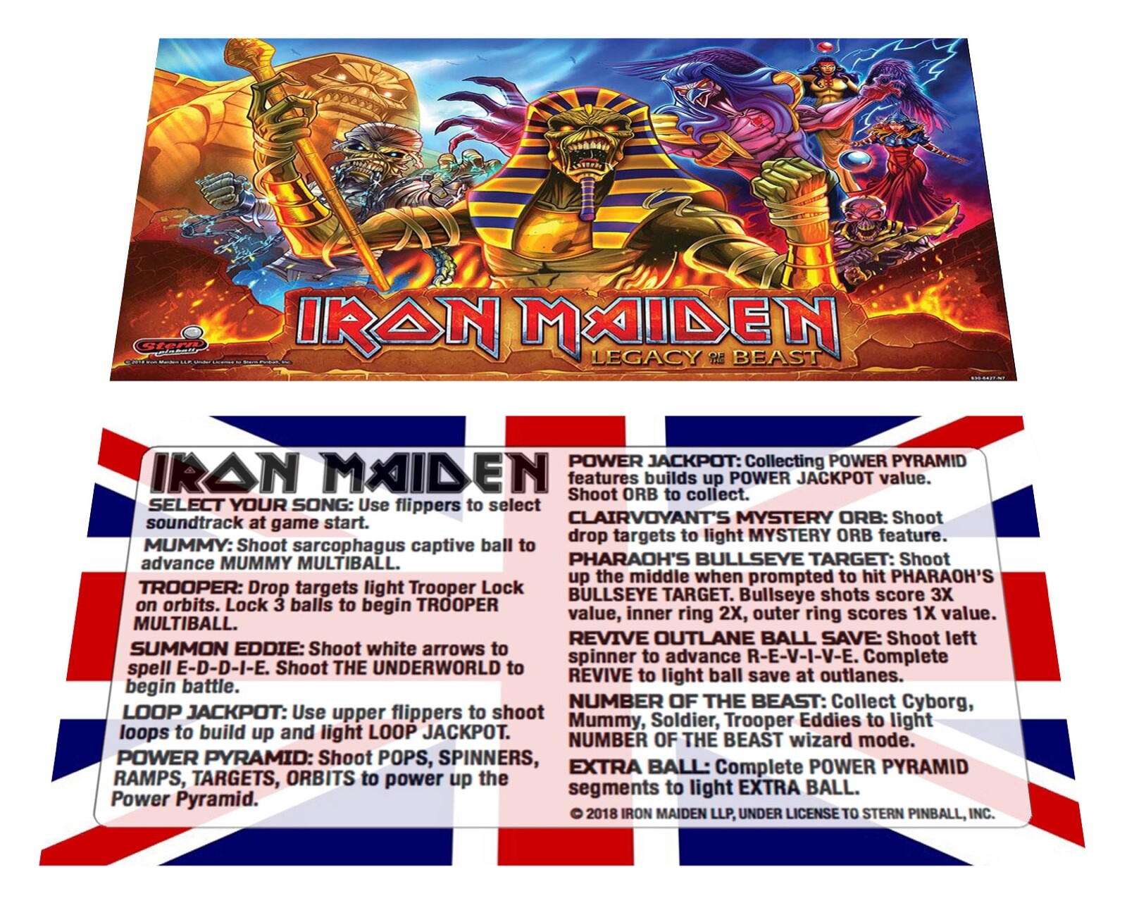 Stern Iron Maiden Premium Pinball Custom Apron Instruction Cards