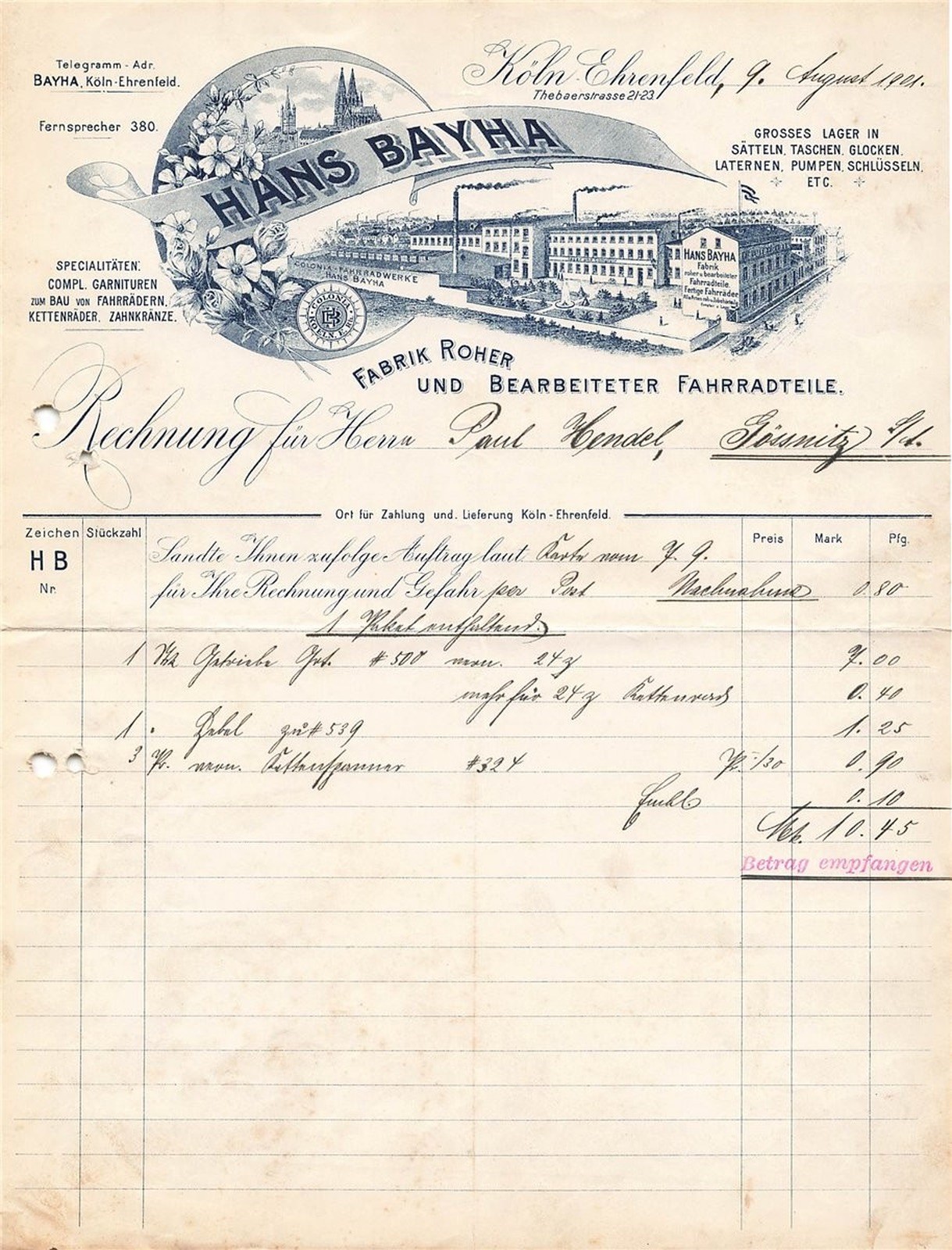 Old invoice – Hans Bayha, Cologne-Ehrenfeld from 09.08.1901