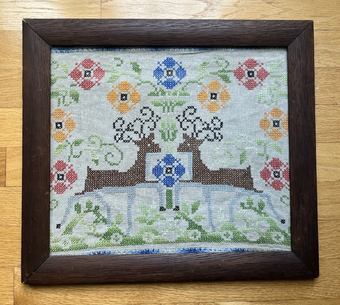 Antique German Style Cross Stitch Sampler Stag Deer Floral Framed Complete