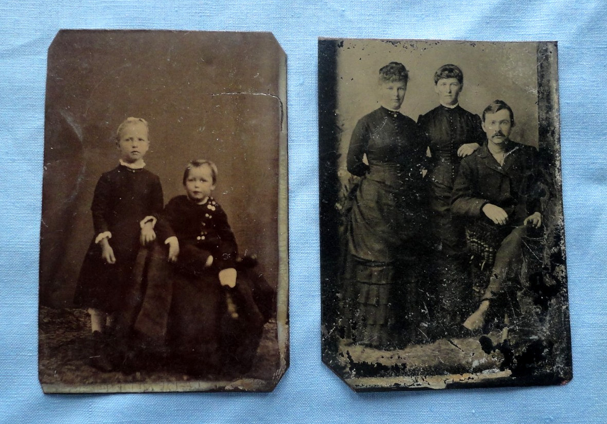 Pair of Antique 1890\'s Tin Type Photos Man, Women, Children in Victorian Fashion