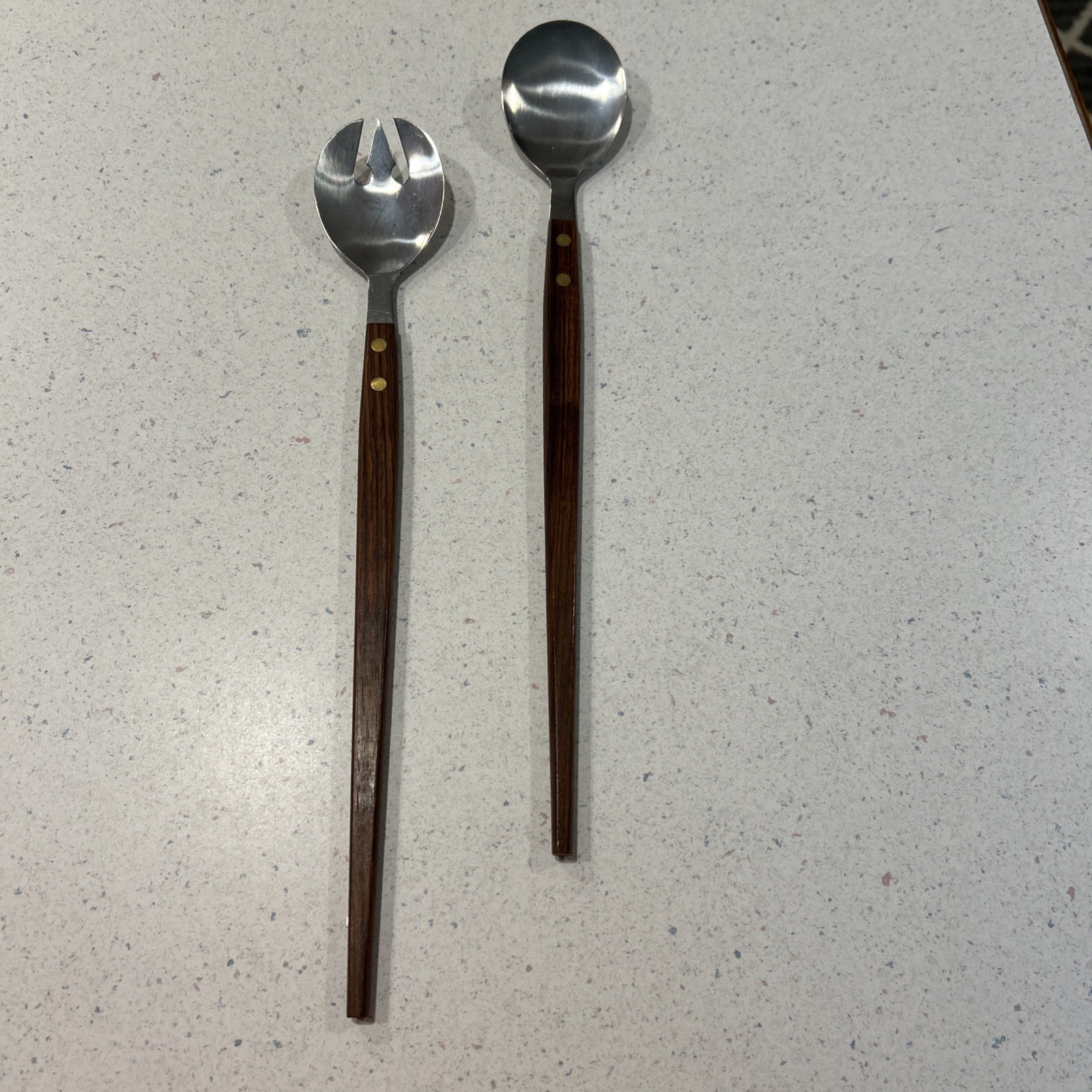 Mid Century Spoon & Fork Salad Set Stainless Steel Wood Handles 1960s