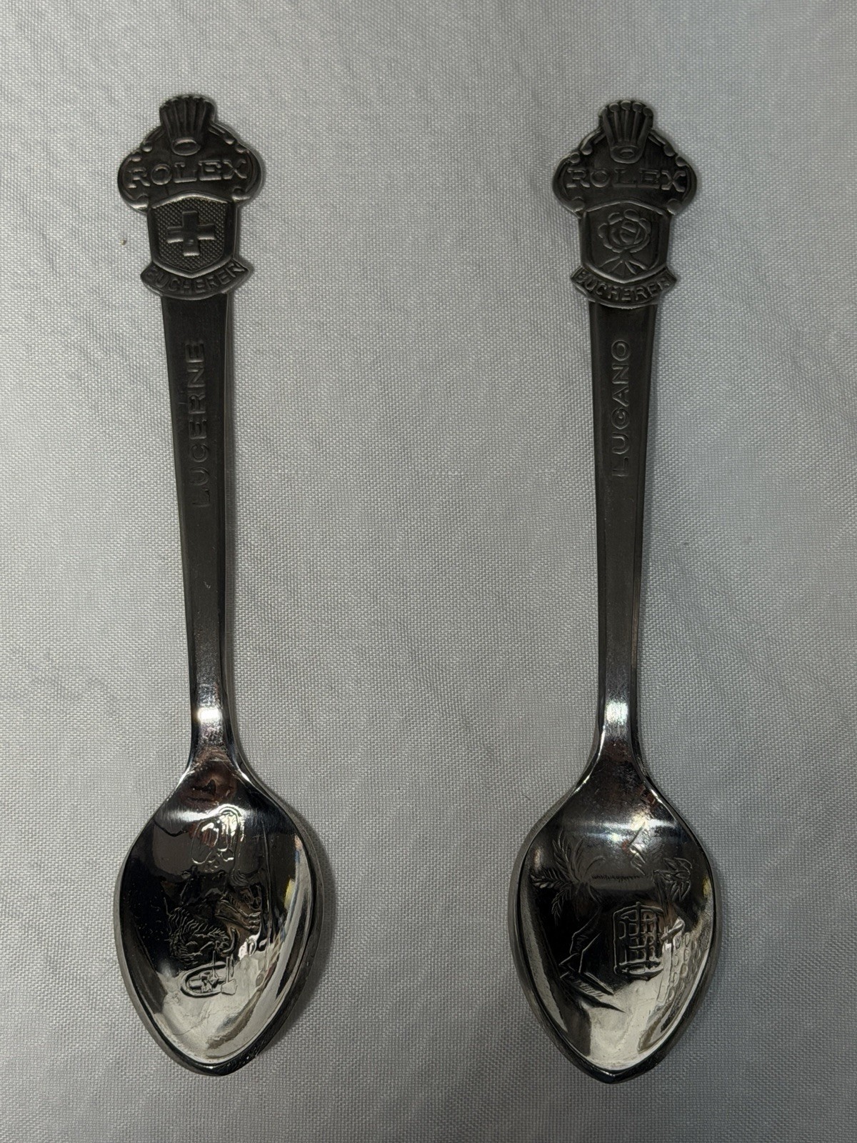 Vintage Rolex Bucherer Souvenir Spoons Lucerne Lugano Switzerland Set of 2