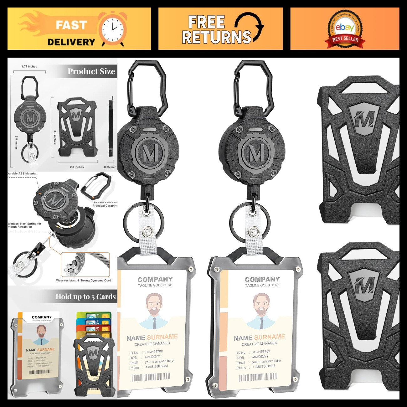 2 Pack Heavy Duty Retractable Keychain & Tactical ID Card Holder - Durable & Con