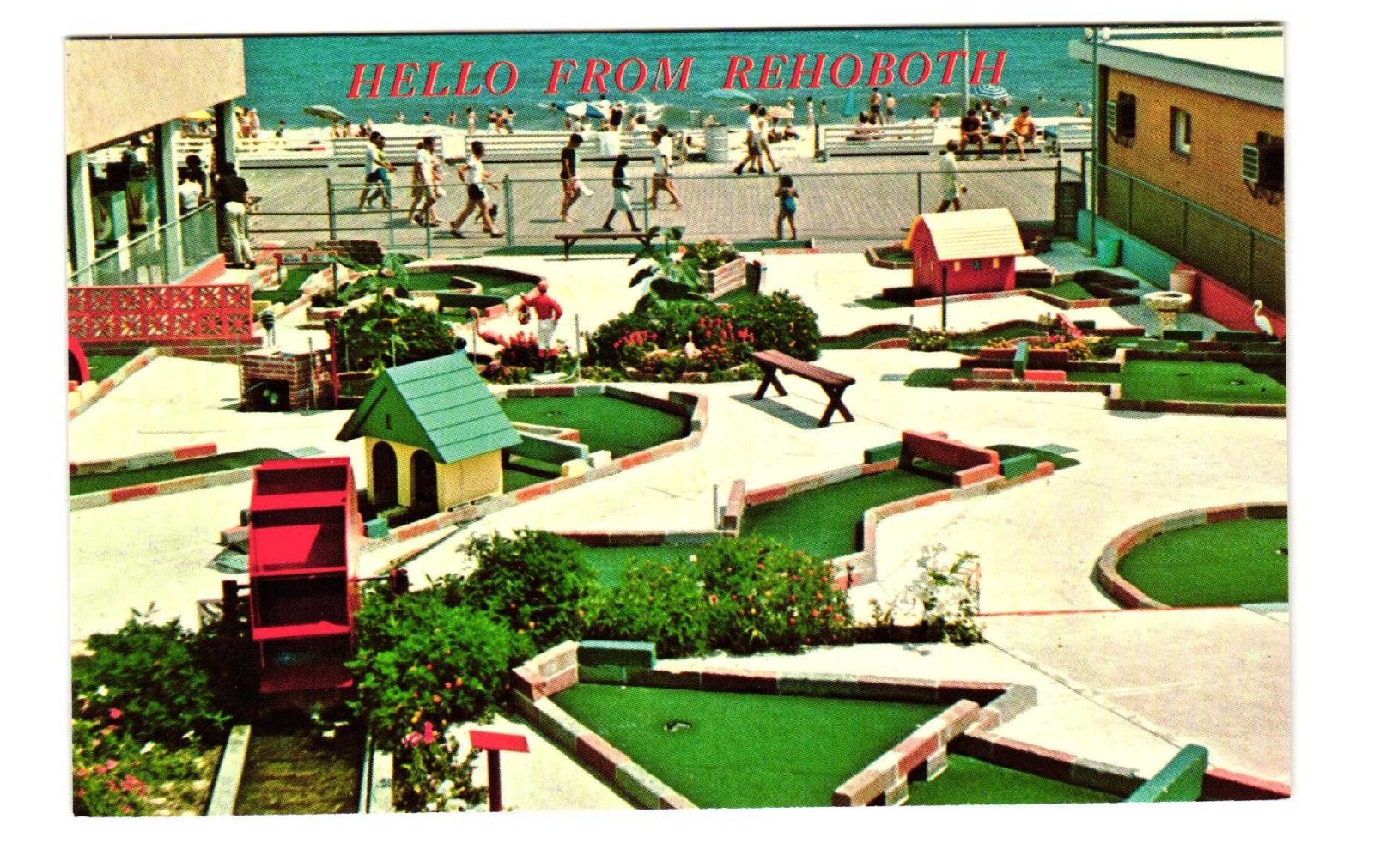 Fun on the boardwalk and beach at REHOBOTH vintage postcard unposted