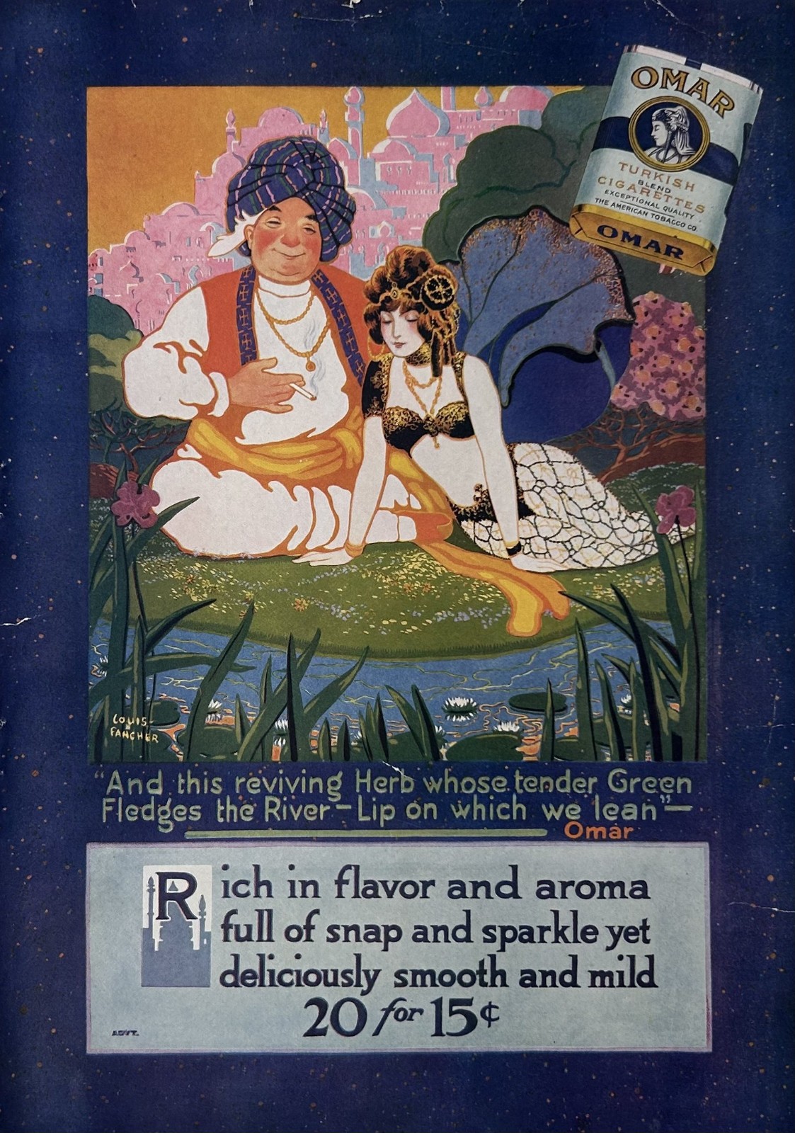 1915 Ad American Tobacco Co Omar Turkish Cigarettes Louis Fancher Art