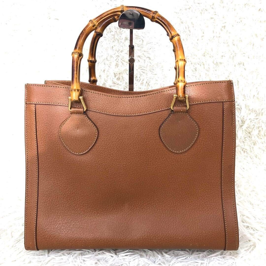 Authentic GUCCI Logo Bamboo Tote Hand Bag Leather Brown Italy 25*35*14 GC