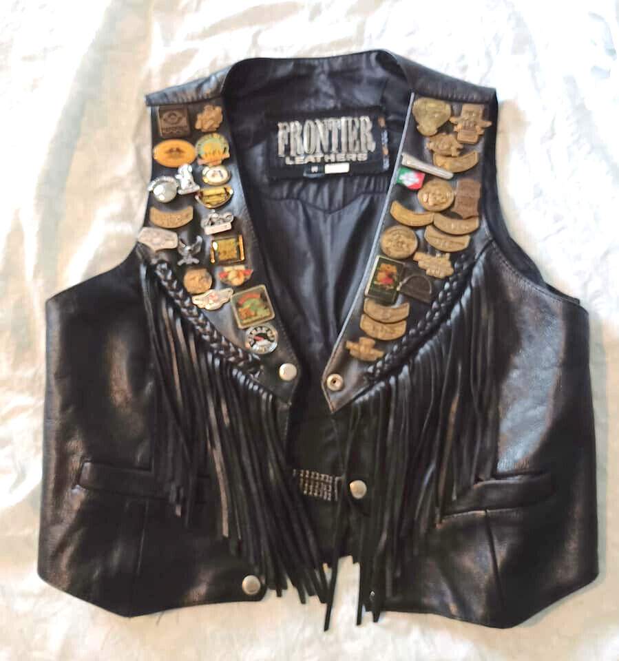 Frontier 36 Harley Davidson Pins Women’s M Black Leather Motorcycle Vest Fringe