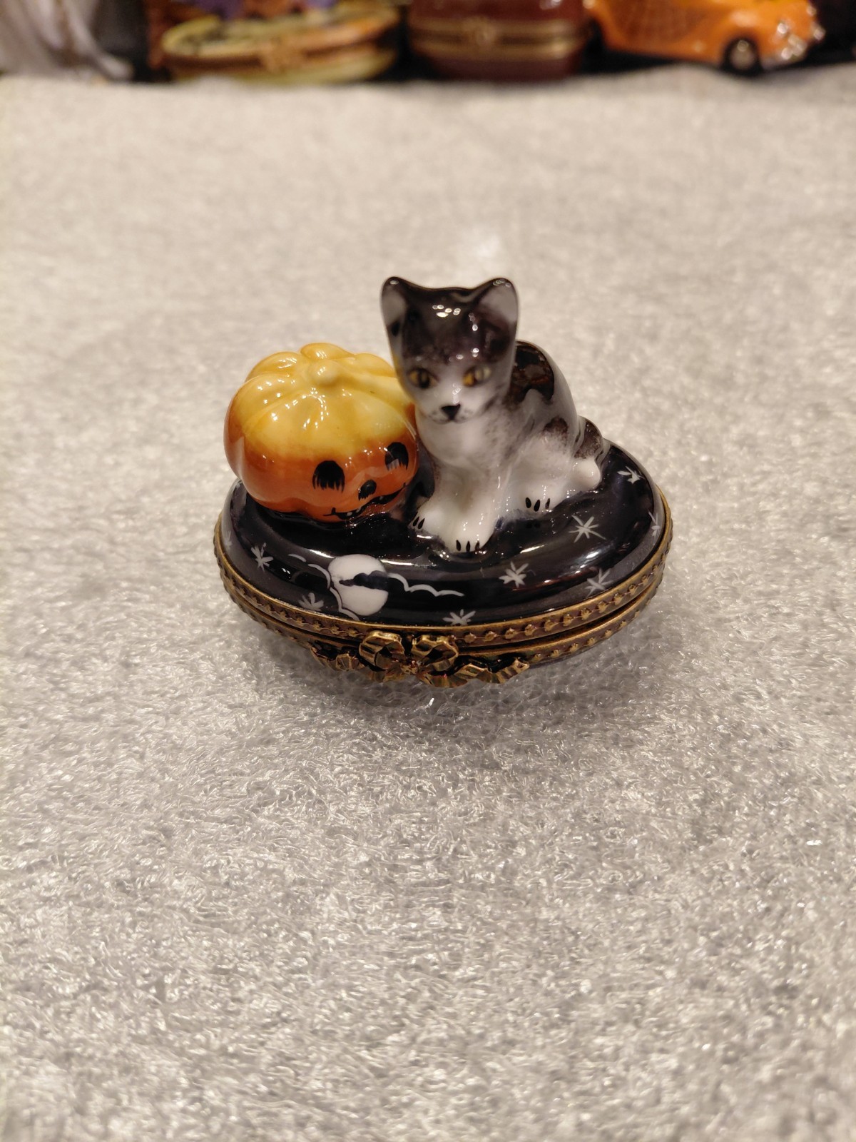 Limoges France Halloween Trinket Box Peint Main Cat & Jack-o\'-Lantern Hand Paint