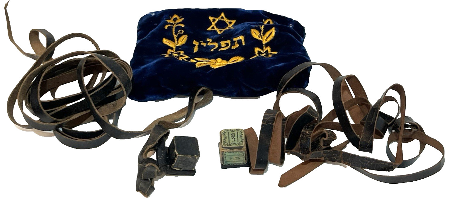 Vtg Jewish Hebrew Tefillin Set & Embroidered Blue Velvet Bag Israel Judaism