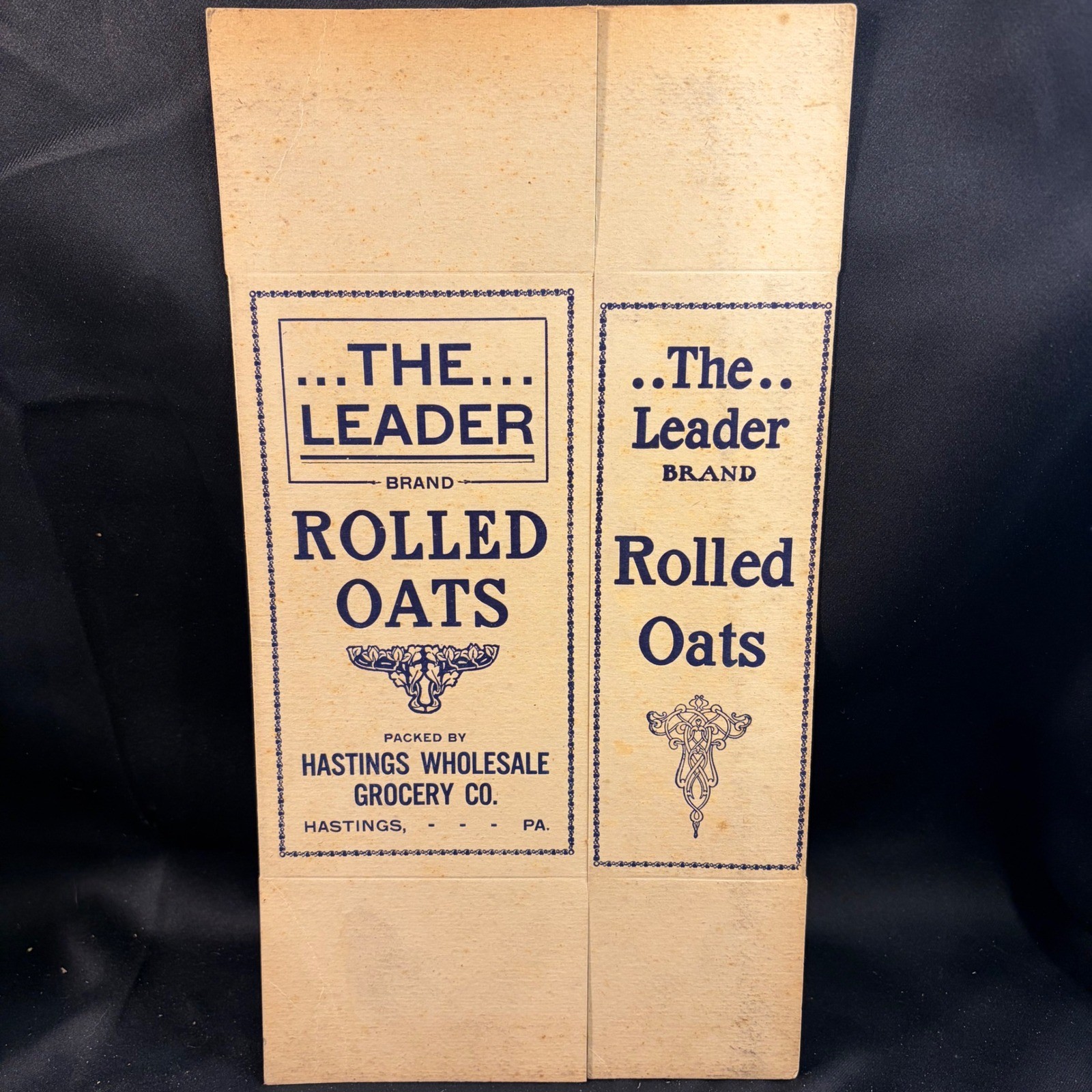 Antique The Leader Brand Rolled Oats Box Hastings Wholesale Grocery PA Vintage