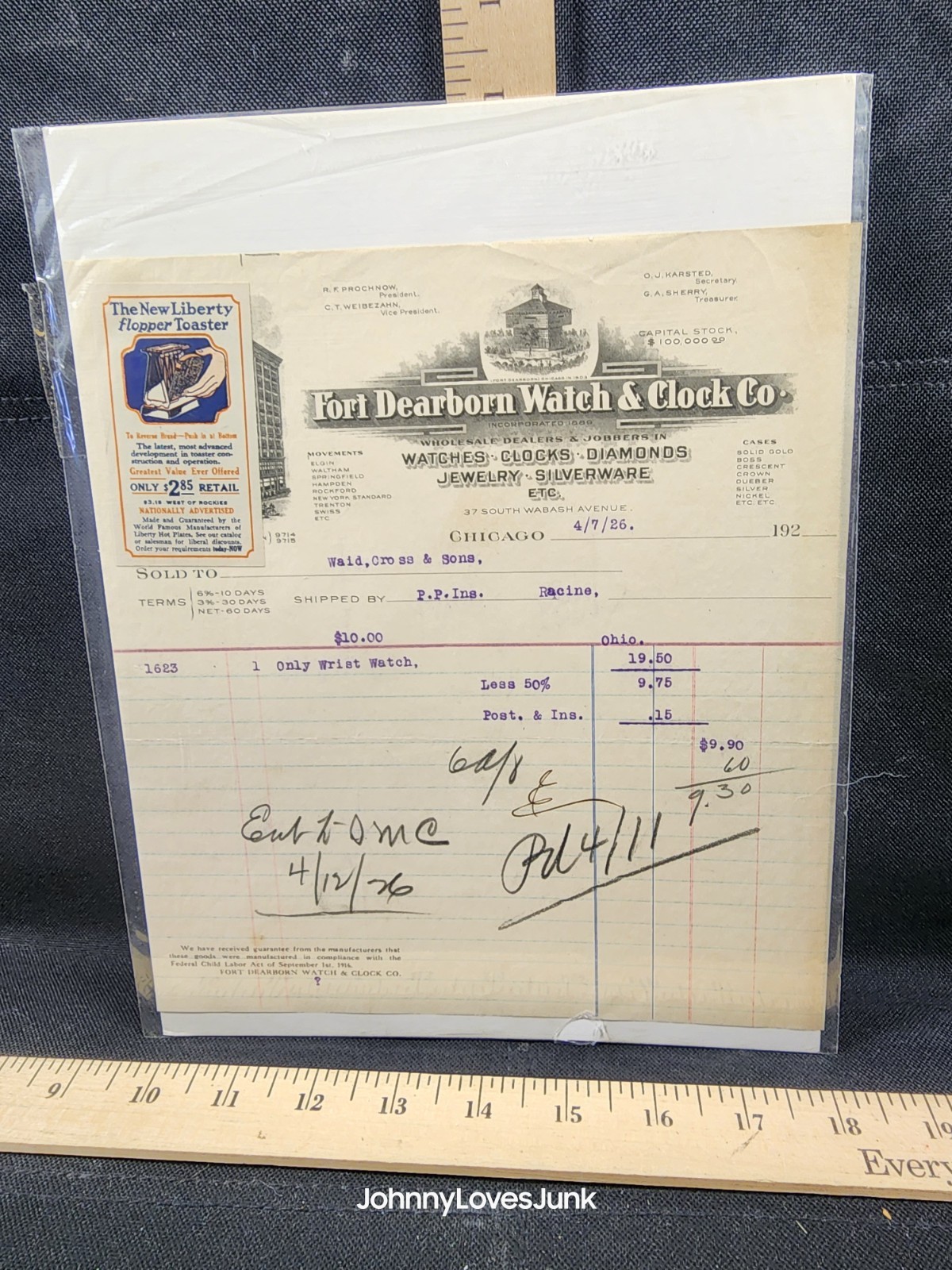 Antique 1926 Letter/Bill Head Ephemera Fort Dearborn Watch & Clock Chicago IL #3
