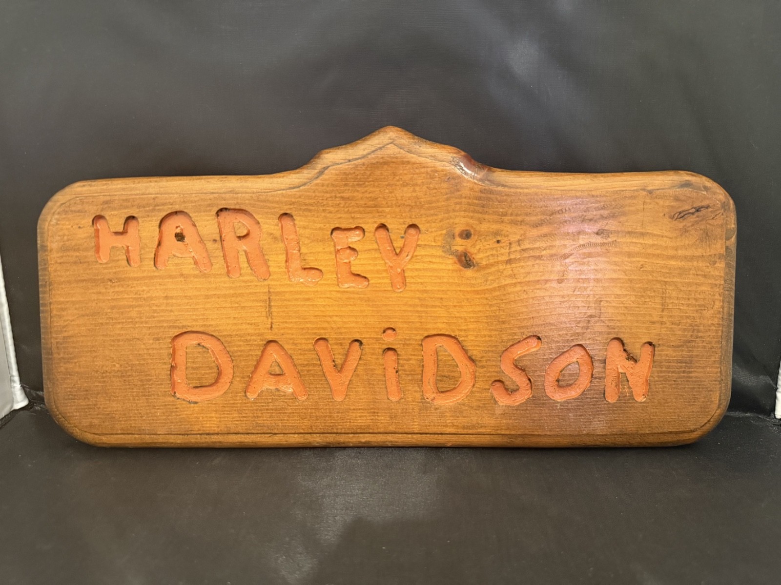 Vintage Harley Davidson Carved Wood Sign Made in USA Orange Garage Bar Decor