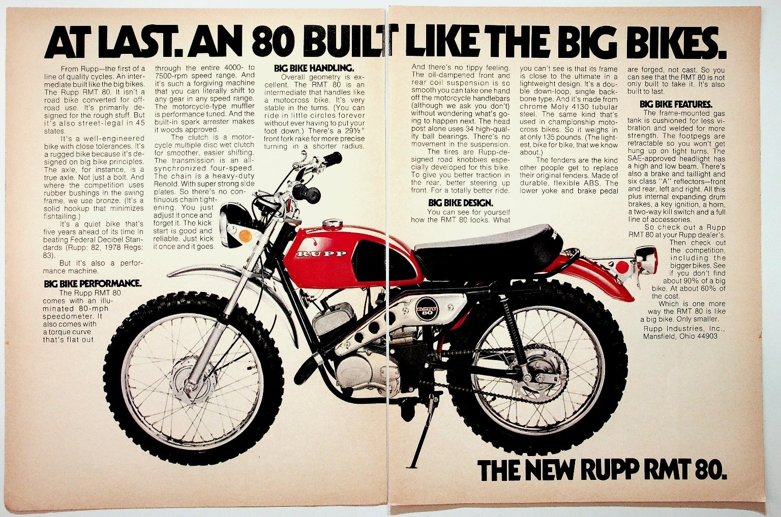 Vintage Rupp RMT 80 Motorcycle Ad Ephemera Mansfield Ohio 1970s