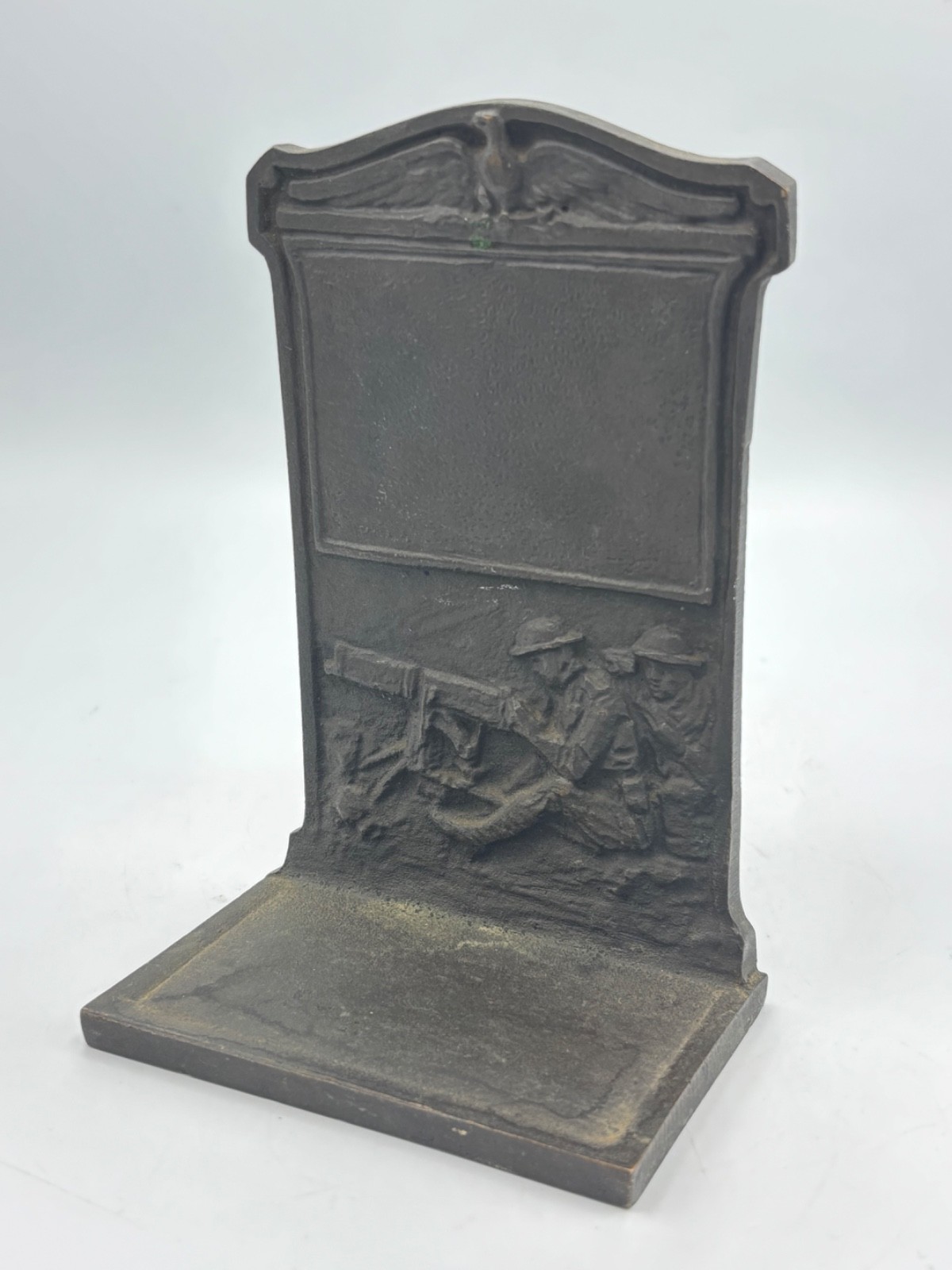 WW1 Era Themed Cast Metal Bronze Bookend Dough Boy Artilery NICE PATINA Eagle 6”