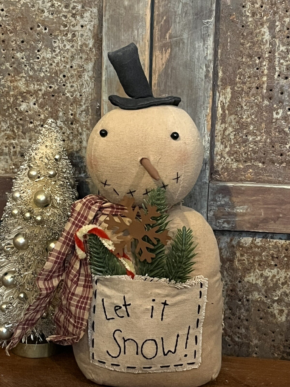 Grubby Primitive Rustic Christmas SNOWMAN w Let It Snow Pocket Stump Doll 12 Grubby Primitive Rustic Christmas SNOWMAN w Let It Snow Pocket Stump Doll 12