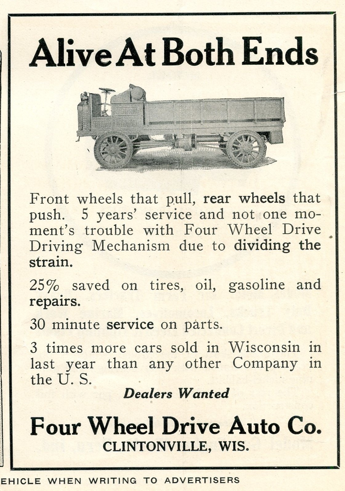 1914 FOUR WHEEL DRIVE TRUCK AD FOUR WHEEL DRIVE AUTO CO. CLINTONVILLE WISCONSIN
