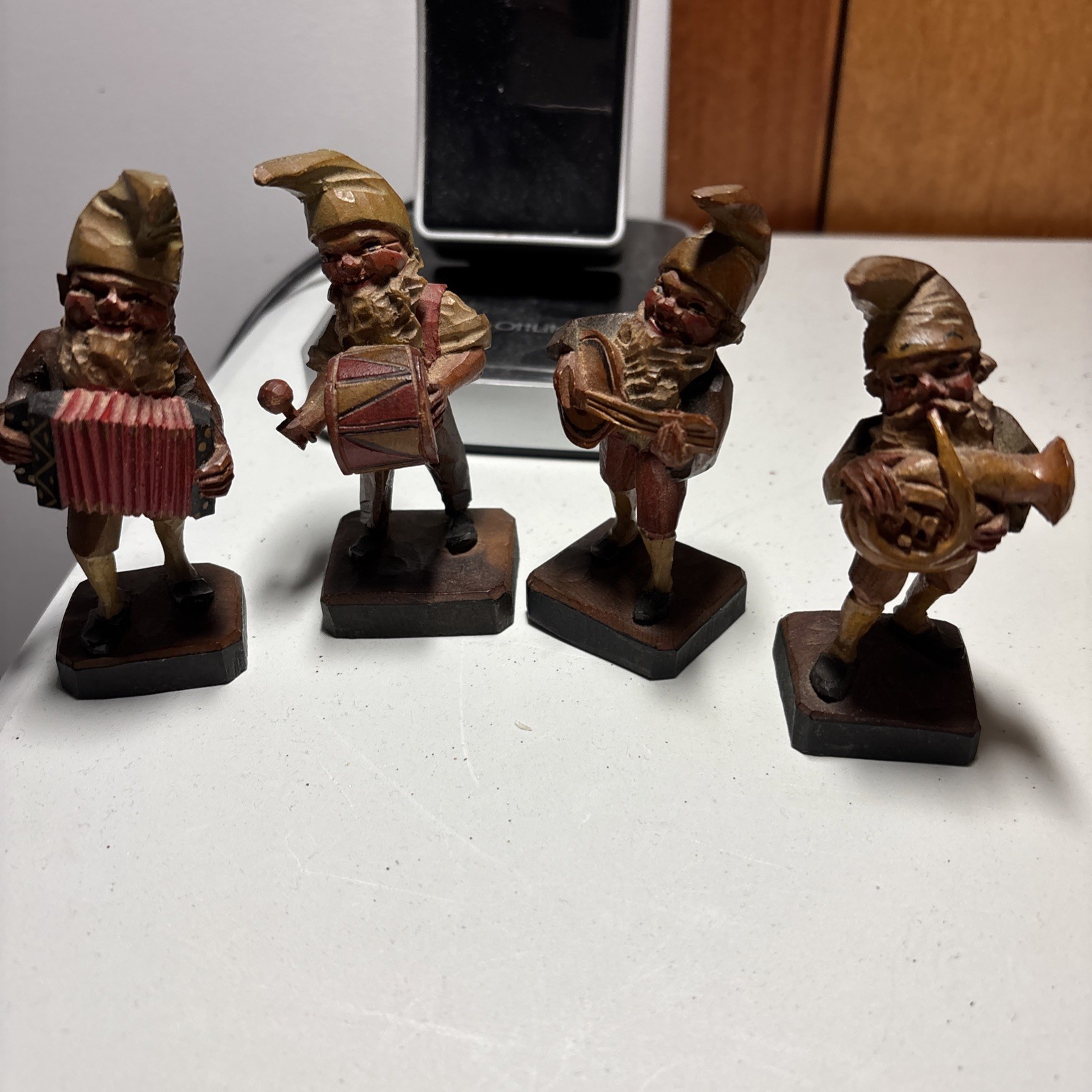 4 Vintage Hand Carved Wooden Gnome Figurines