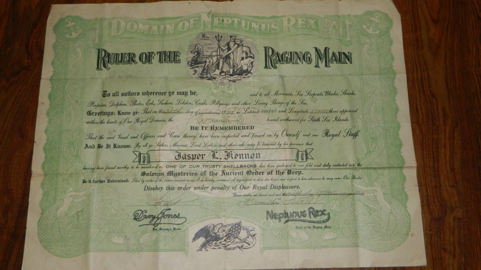 Vintage   WWII   1944    USN Domain of Neptunus Rex    Certficate