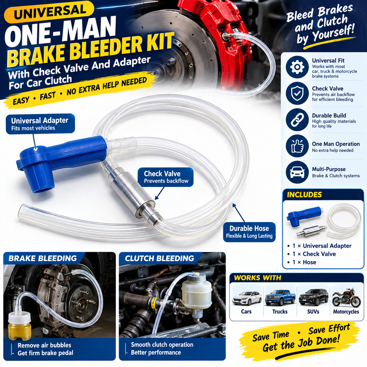 Universal One-Man Brake Bleeder Kit, With Check Valve And Adapter For Car Clutch Universal One-Man Brake Bleeder Kit, With Check Valve And Adapter For Car Clutch