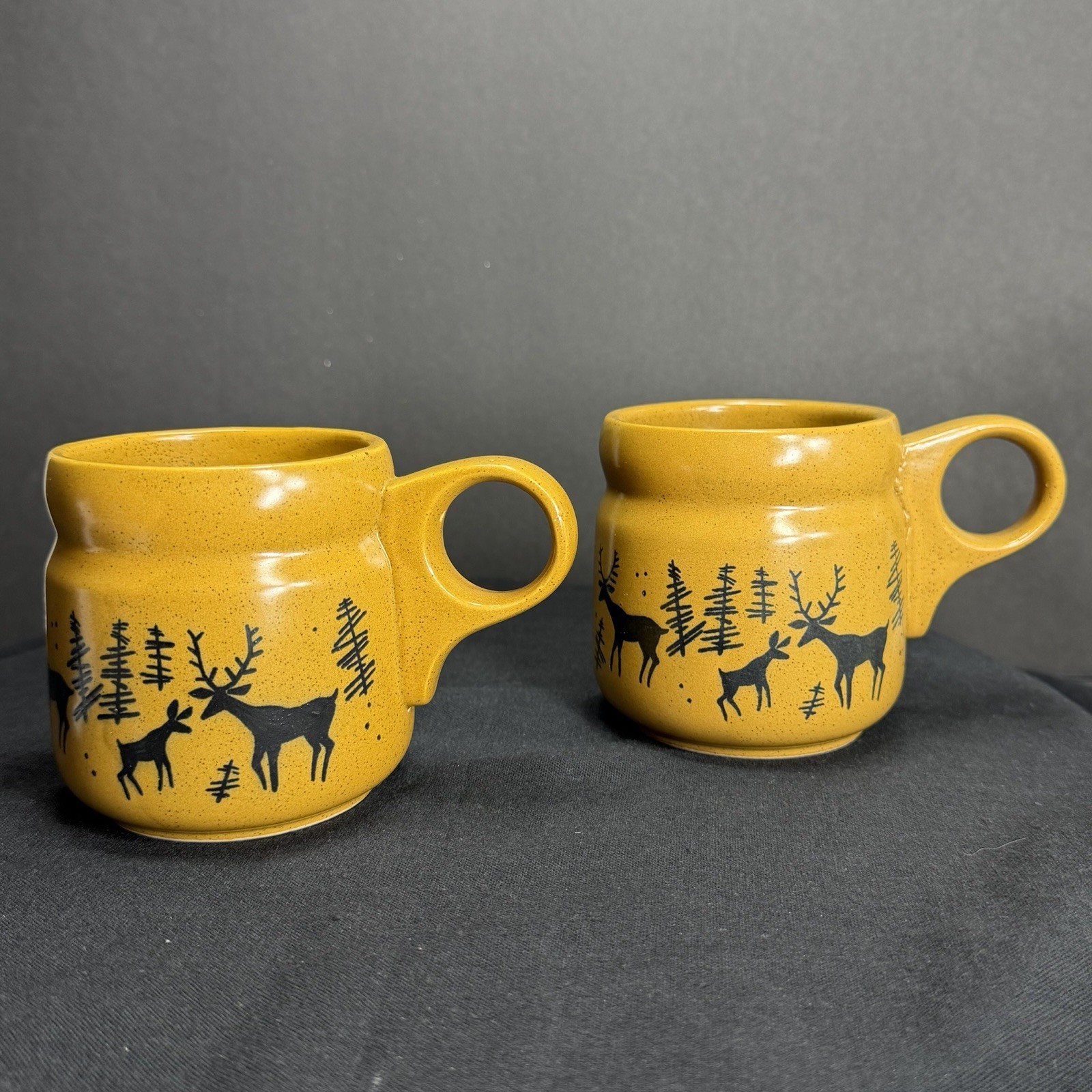 Vintage 1970s Mustard Yellow Mugs- Loop Handle- Deer & Pine Trees Design-2 Cups