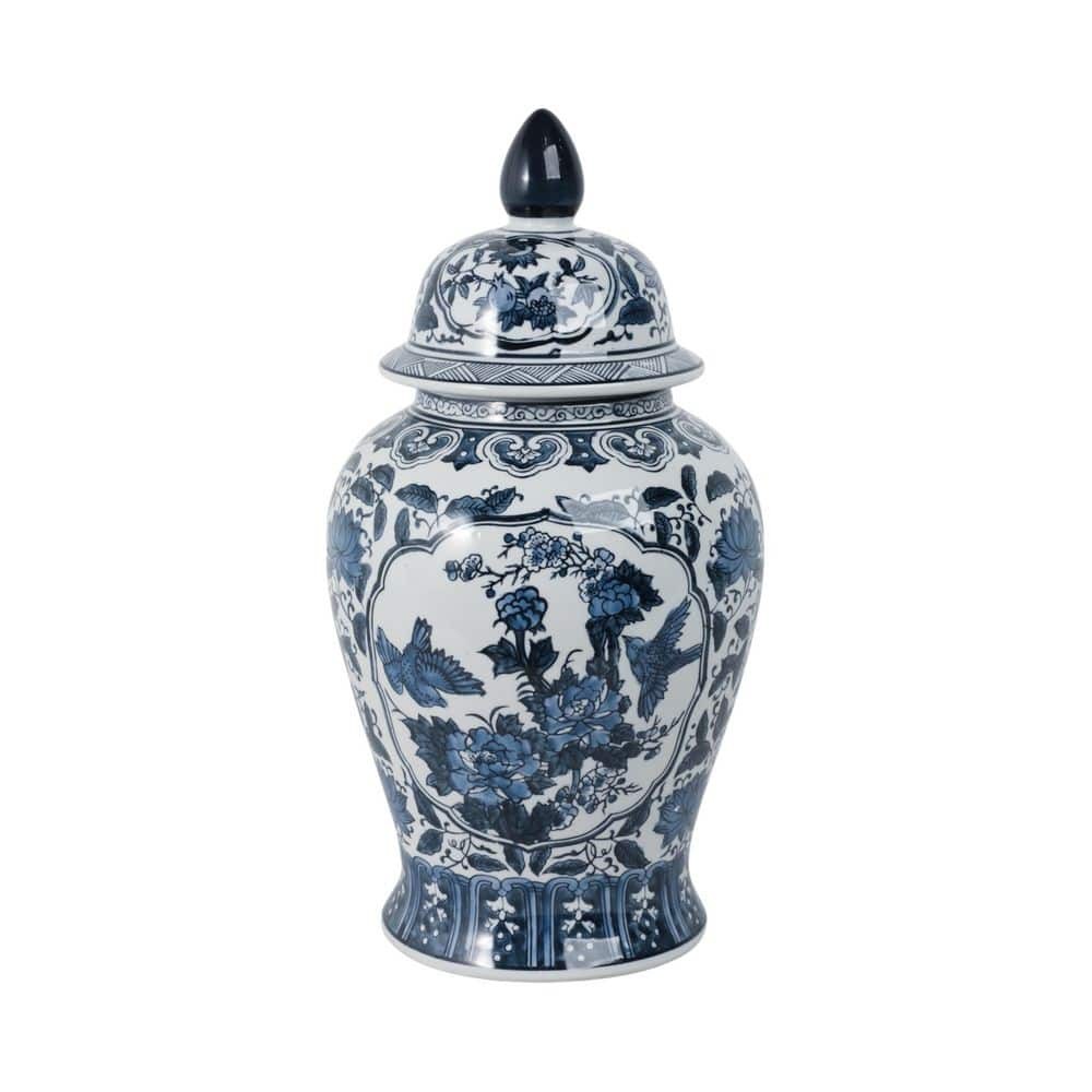 18.25 in. Blue Ceramic Chinoiserie Floral Decorative Jar