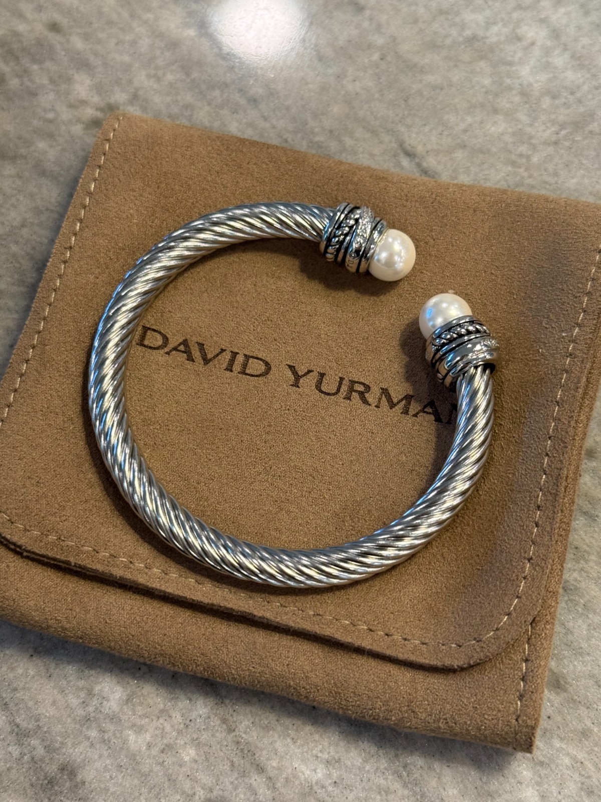DAVID YURMAN 925 Sterling Silver 7mm Crossover Pearl  & Diamonds Bracelet Sz M